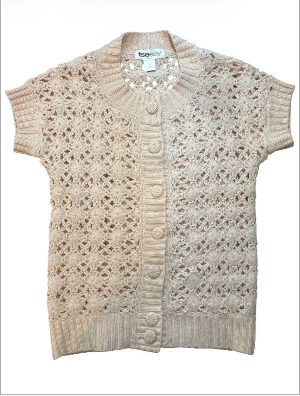 Tsesay Women's 100% Cashmere Crochet Knit Short Sleeve Button-Up Cardigan